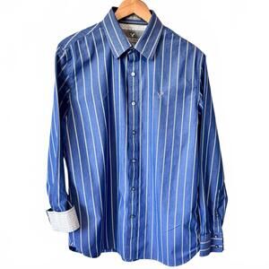 American Eagle Stripe Button Down Shirt Men's Large Vintage Fit Blue White‎